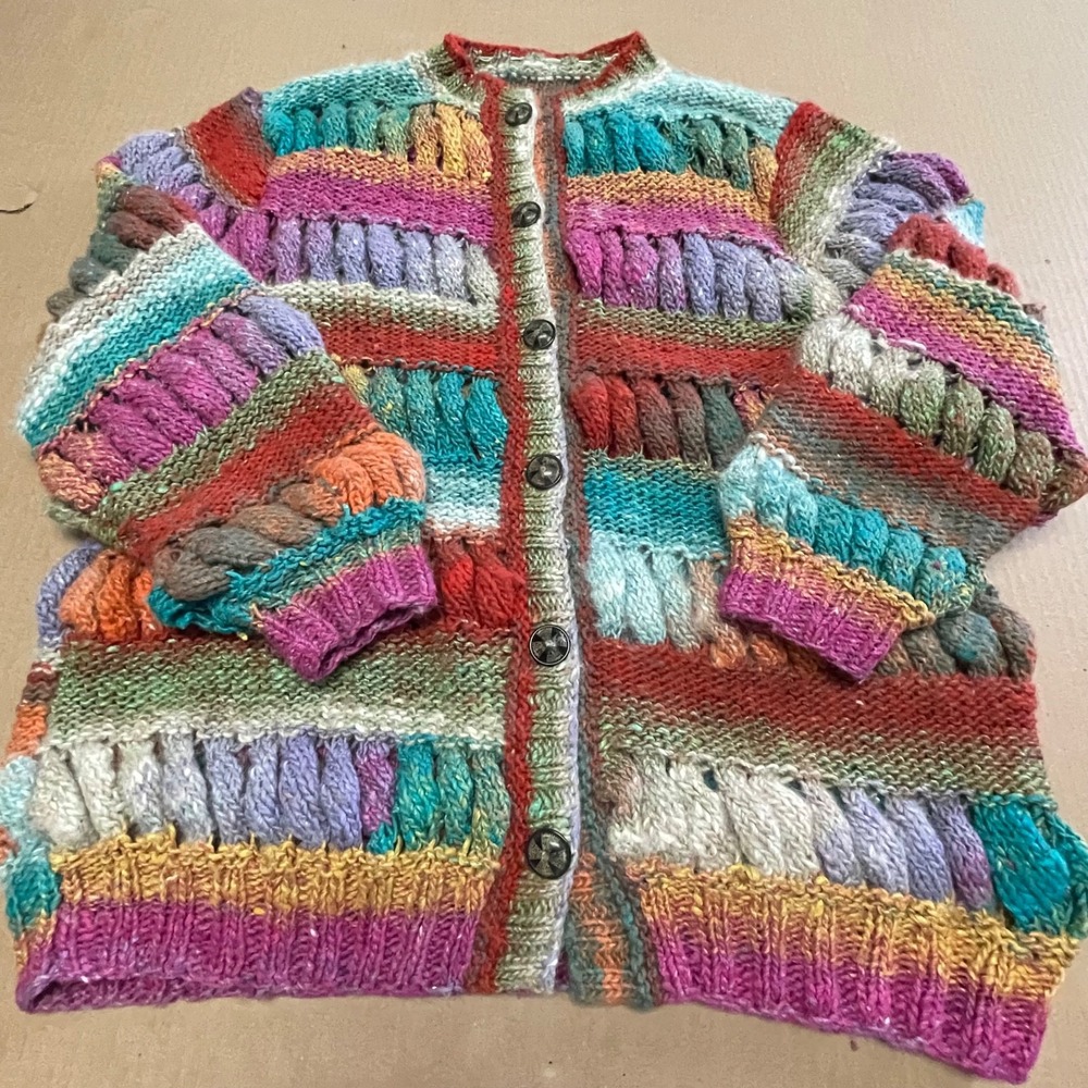 Vintage Hand Knit Chunky Cardigan Sweater Rainbow Bubble Puff Stripe Slouchy L